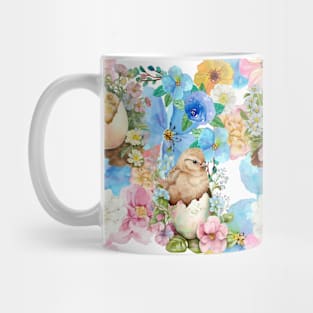 Hatching Chicks with Flowers in Blue, Pink, and Yellow Mug